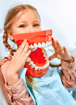 A child playfully holds a large model of teeth, smiling and sitting in a dental office, wearing a blue dental bib.