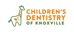 Giraffe illustration next to "Children's Dentistry of Knoxville" text. Vibrant orange and green colors convey a playful, welcoming theme suitable for a dental practice for kids.